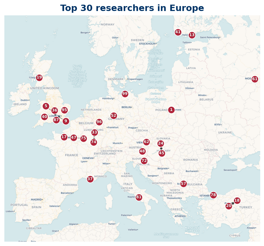 Map of Europe Top 100 researchers