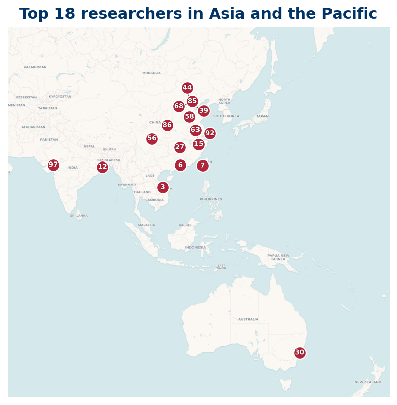Map of Asia and the Pacific Top 100 researchers